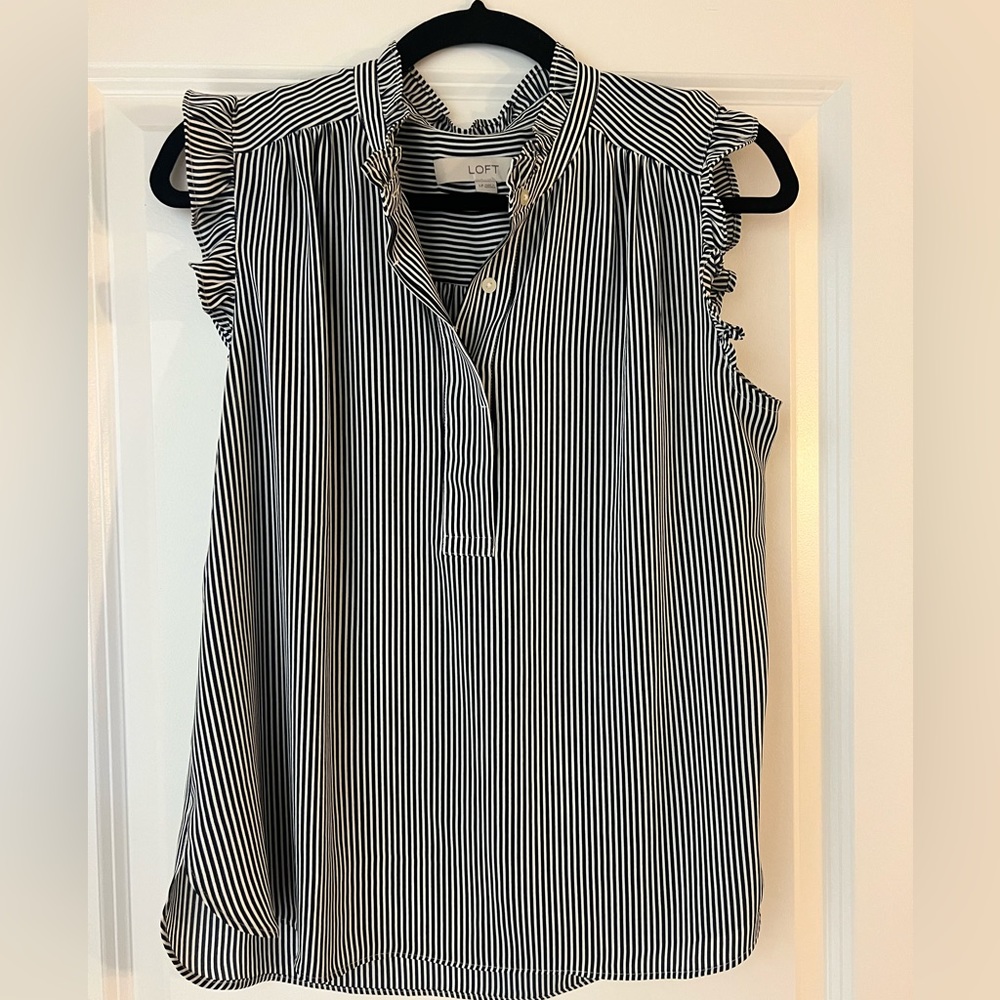 Blue and white ruffle blouse from Loft